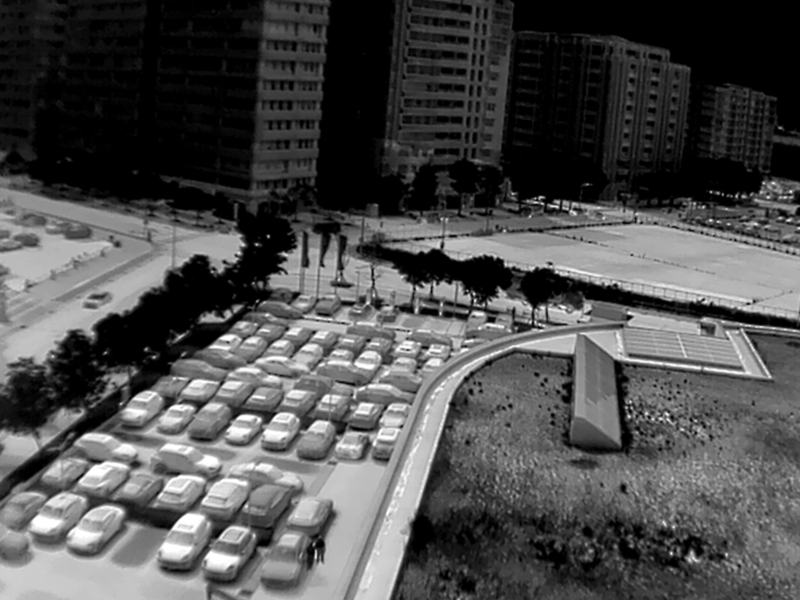 交差点の自動車、人、建物